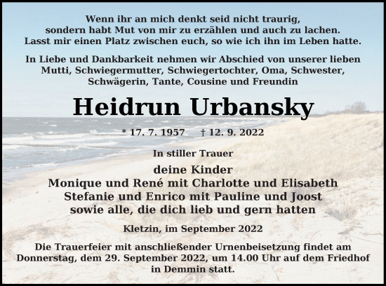 Traueranzeige von Heidrun Urbansky von Demminer Zeitung