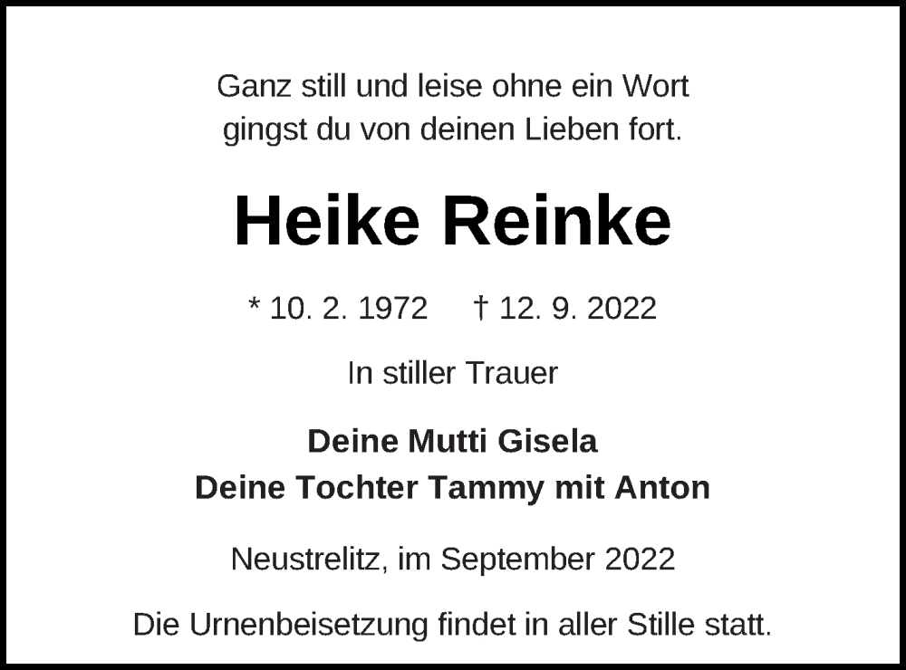  Traueranzeige für Heike Reinke vom 16.09.2022 aus Strelitzer Zeitung