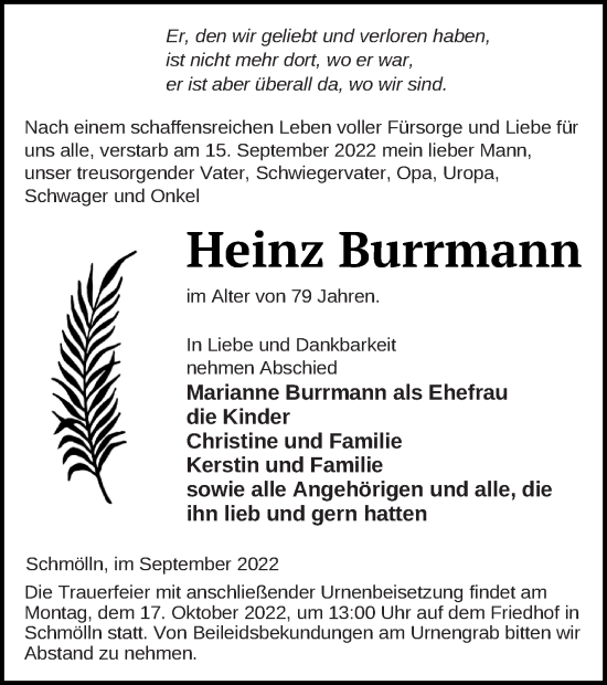 Traueranzeige von Heinz Burrmann von Prenzlauer Zeitung