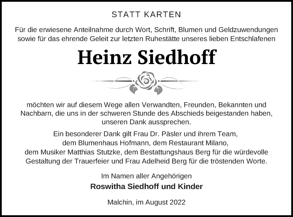  Traueranzeige für Heinz Siedhoff vom 03.09.2022 aus Mecklenburger Schweiz