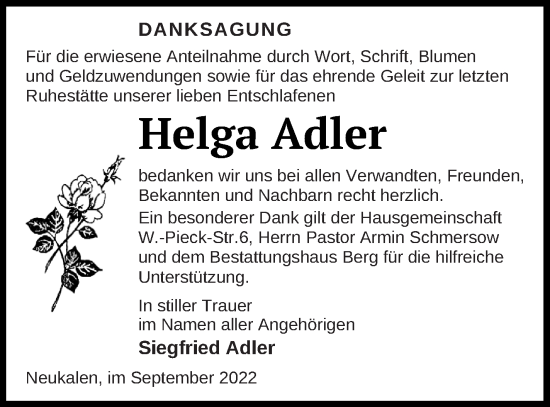 Traueranzeige von Helga Adler von Mecklenburger Schweiz