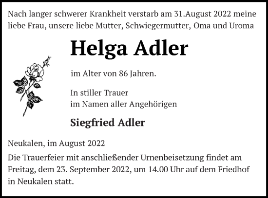 Traueranzeige von Helga Adler von Mecklenburger Schweiz