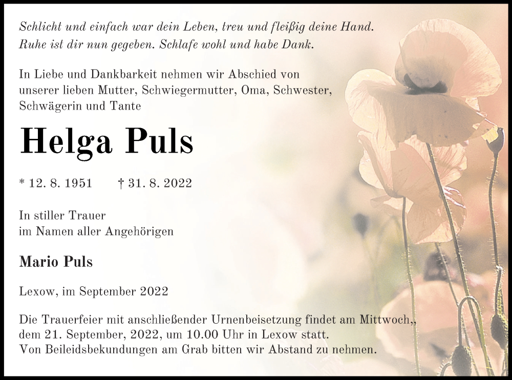  Traueranzeige für Helga Puls vom 07.09.2022 aus Müritz-Zeitung