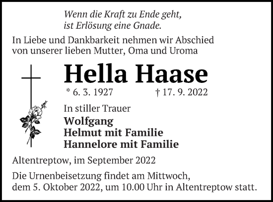 Traueranzeige von Hella Haase von Neubrandenburger Zeitung