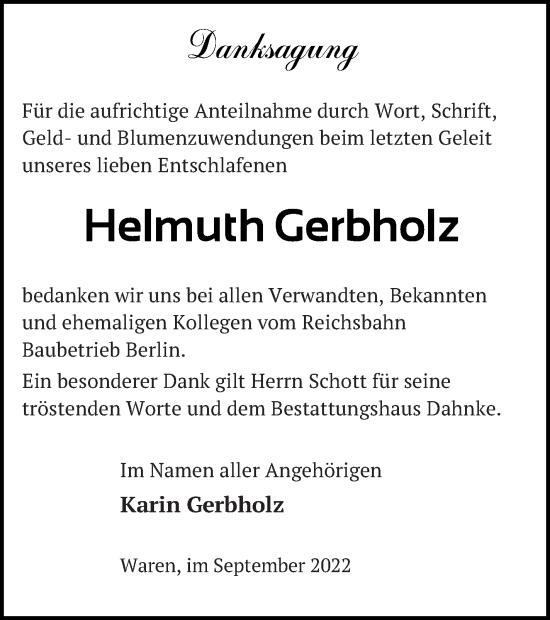 Traueranzeige von Helmuth Gerbholz von Müritz-Zeitung