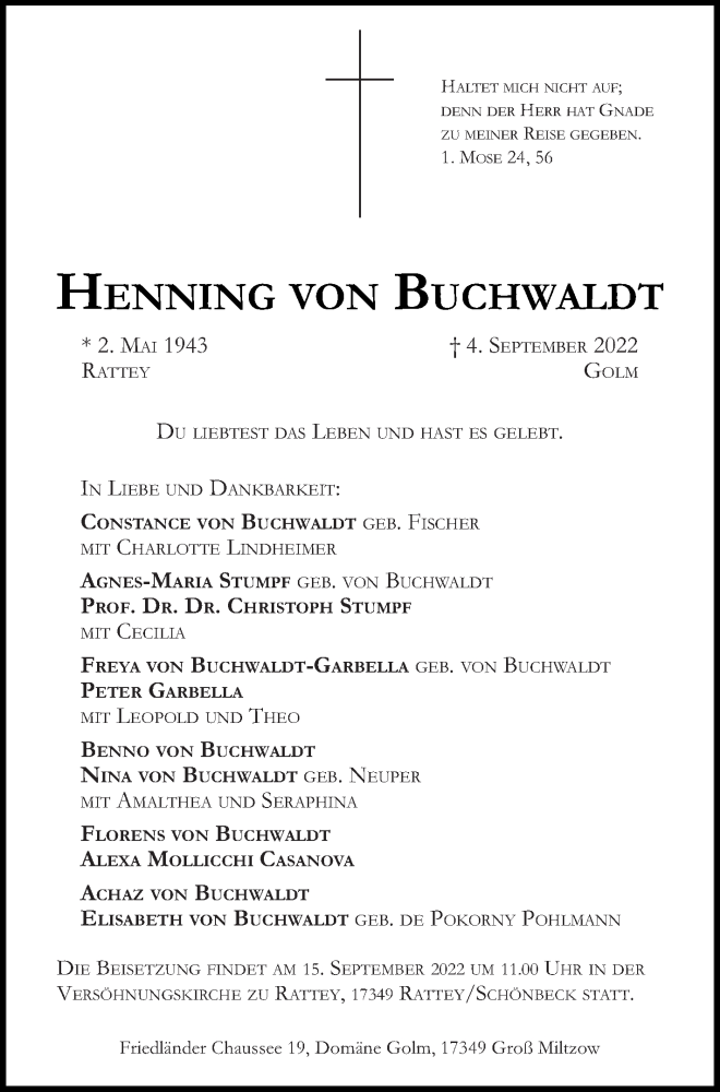  Traueranzeige für Henning von Buchwaldt vom 10.09.2022 aus Neubrandenburger Zeitung