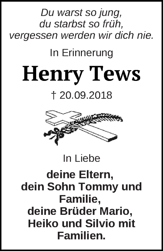 Traueranzeige von Henry Tews von Pasewalker Zeitung