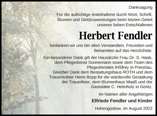 Traueranzeige von Herbert Fendler von Prenzlauer Zeitung