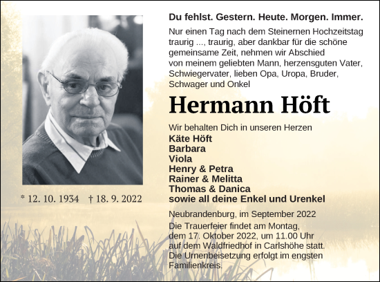 Traueranzeige von Hermann Höft von Haff-Zeitung