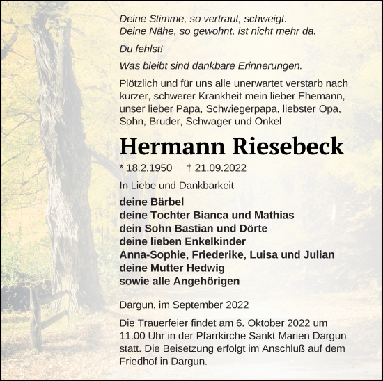 Traueranzeige von Hermann Riesebeck von Vorpommern Kurier