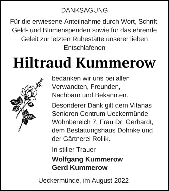 Traueranzeige von Hiltraud Kummerow von Haff-Zeitung