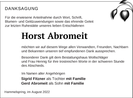 Traueranzeige von Horst Abromeit von Templiner Zeitung