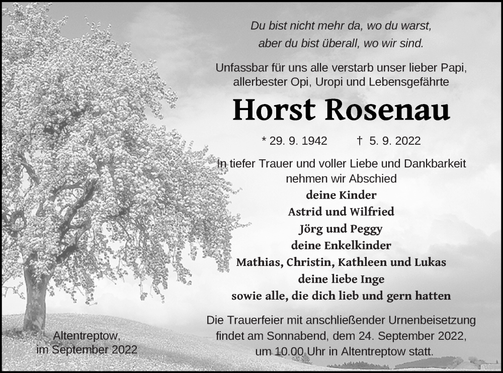  Traueranzeige für Horst Rosenau vom 09.09.2022 aus Neubrandenburger Zeitung