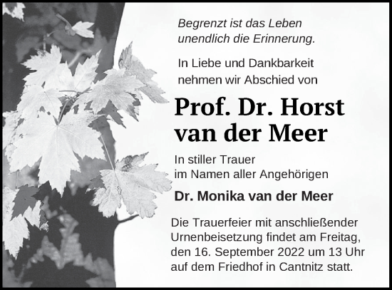 Traueranzeige von Horst van der Meer von Strelitzer Zeitung