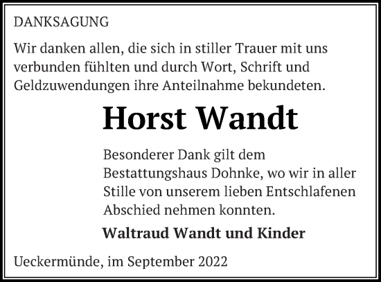 Traueranzeige von Horst Wandt von Haff-Zeitung