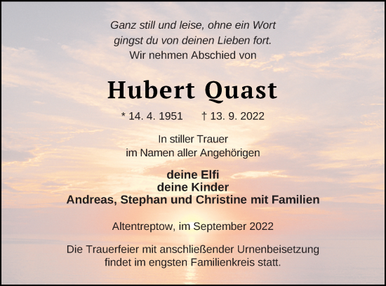 Traueranzeige von Hubert Ouast von Neubrandenburger Zeitung