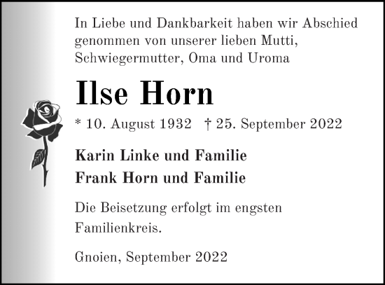 Traueranzeige von Ilse Horn von Mecklenburger Schweiz