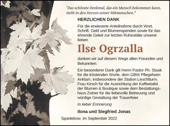 Traueranzeige von Ilse Ogrzalla von Vorpommern Kurier