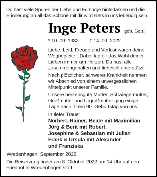 Traueranzeige von Inge Peters von Müritz-Zeitung