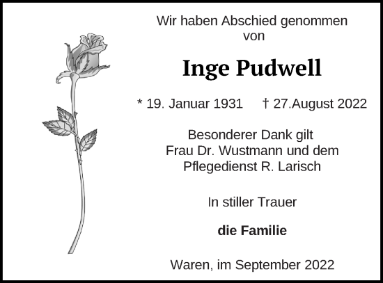 Traueranzeige von Inge Pudwell von Müritz-Zeitung