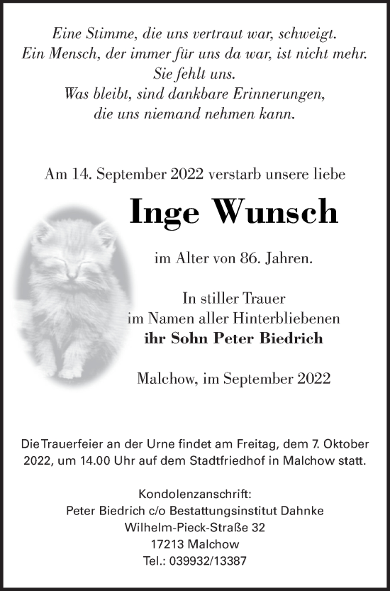 Traueranzeige von Inge Wunsch von Müritz-Zeitung