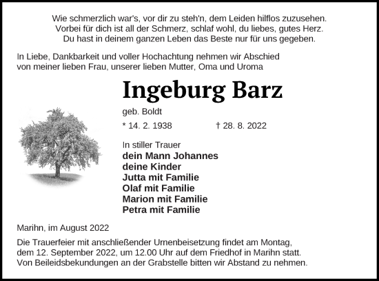 Traueranzeige von Ingeburg Barz von Müritz-Zeitung