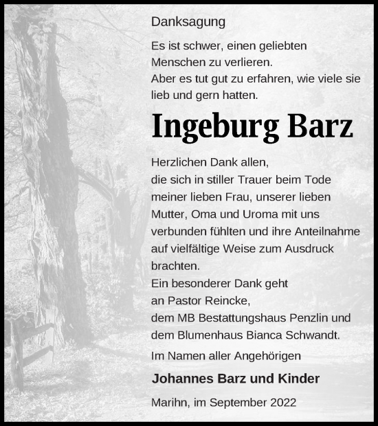 Traueranzeige von Ingeburg Barz von Müritz-Zeitung