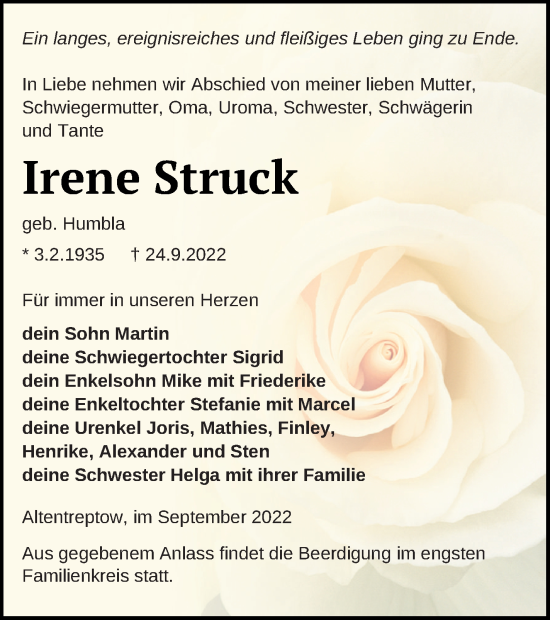 Traueranzeige von Irene Struck von Neubrandenburger Zeitung