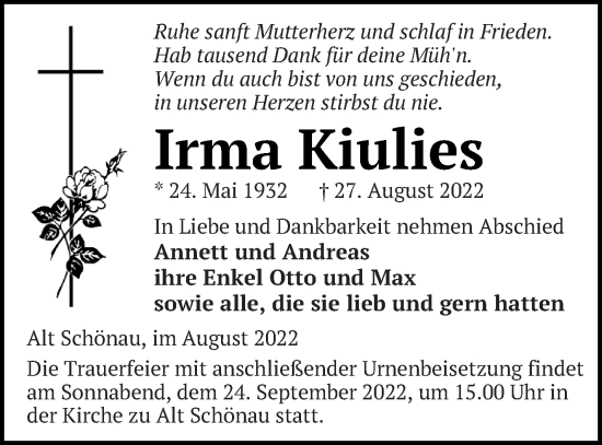 Traueranzeige von Irma Kiulies von Müritz-Zeitung