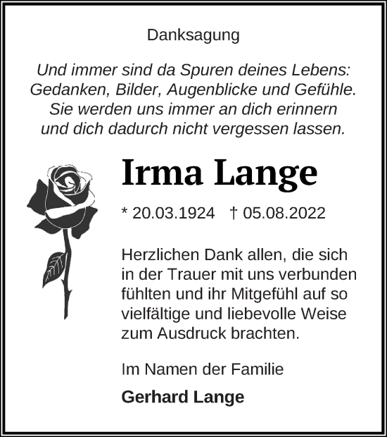 Traueranzeige von Irma Lange von Demminer Zeitung