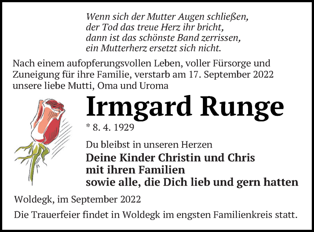  Traueranzeige für Irmgard Runge vom 23.09.2022 aus Strelitzer Zeitung