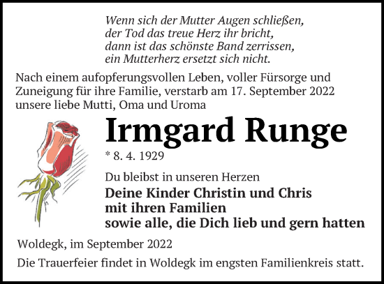 Traueranzeige von Irmgard Runge von Strelitzer Zeitung