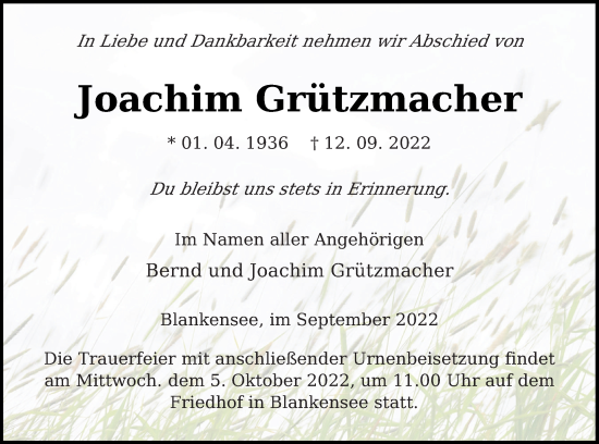 Traueranzeige von Joachim Grützmacher von Neubrandenburger Zeitung