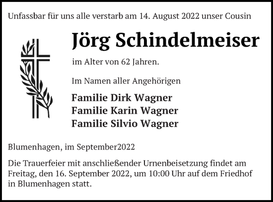 Traueranzeige von Jörg Schindelmeiser von Pasewalker Zeitung