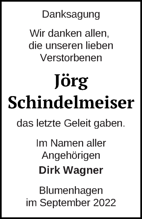 Traueranzeige von Jörg Schindelmeiser von Pasewalker Zeitung