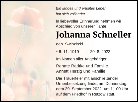 Traueranzeige von Johanna Schneller von Müritz-Zeitung