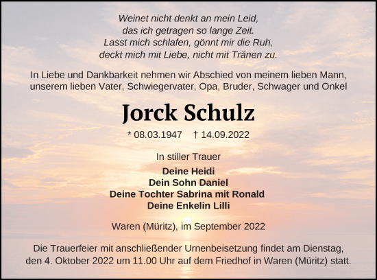 Traueranzeige von Jorck Schulz von Müritz-Zeitung