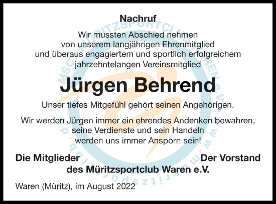 Traueranzeige von Jürgen Behrend von Müritz-Zeitung