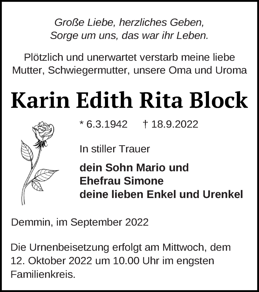  Traueranzeige für Karin Edith Rita Block vom 21.09.2022 aus Demminer Zeitung