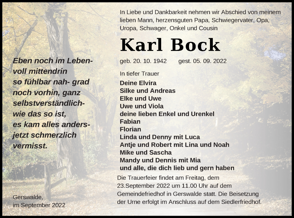  Traueranzeige für Karl Bock vom 10.09.2022 aus Templiner Zeitung