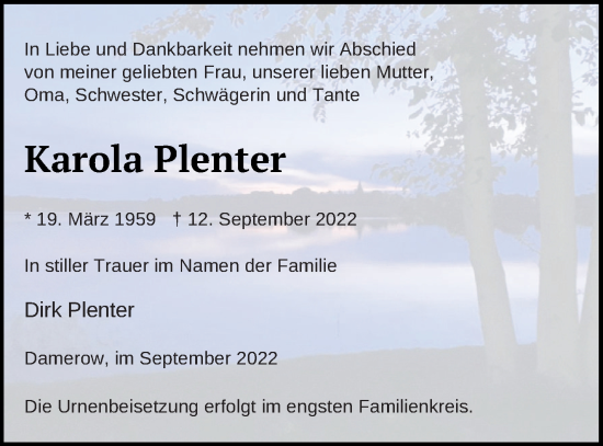 Traueranzeige von Karola Plenter von Müritz-Zeitung