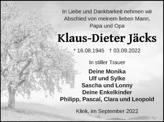 Traueranzeige von Klaus-Dieter Jäcks von Müritz-Zeitung