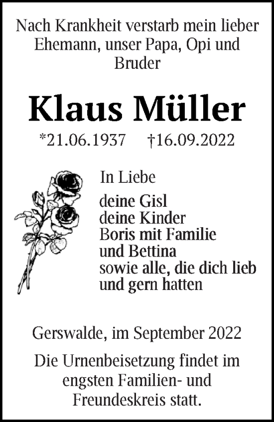 Traueranzeige von Klaus Müller von Templiner Zeitung