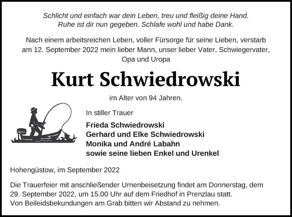  Traueranzeige für Kurt Schwiedrowski vom 21.09.2022 aus Prenzlauer Zeitung