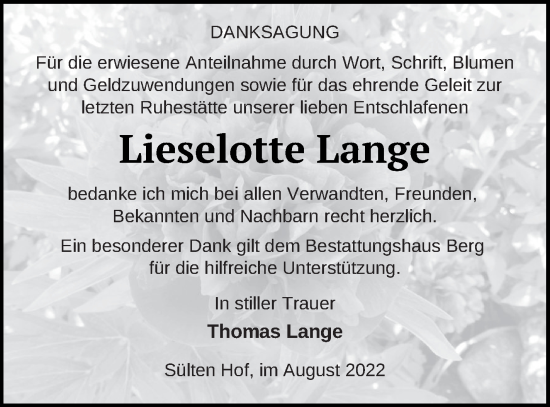 Traueranzeige von Lieselotte Lange von Mecklenburger Schweiz