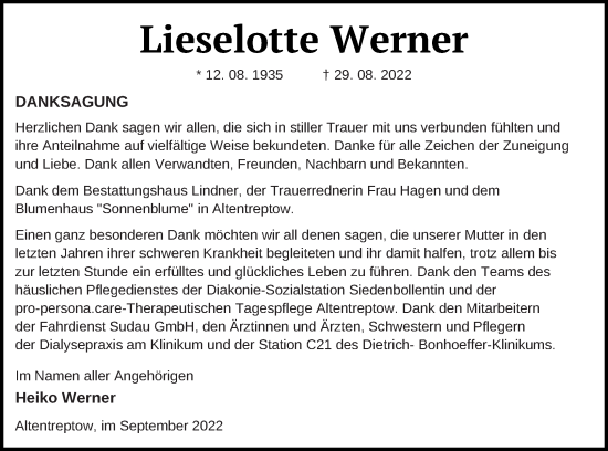 Traueranzeige von Lieselotte Werner von Neubrandenburger Zeitung