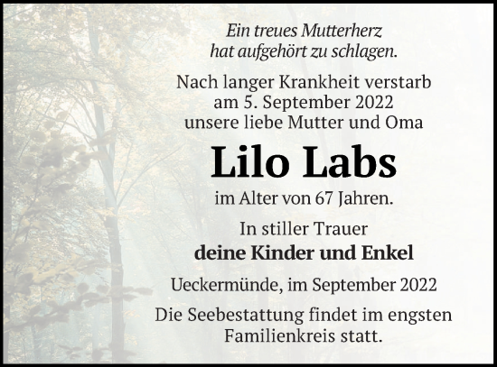 Traueranzeige von Lilo Labs von Haff-Zeitung