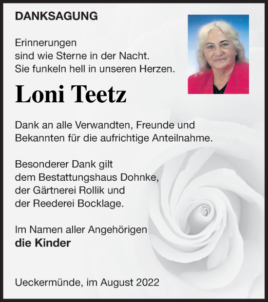 Traueranzeige von Loni Teetz von Haff-Zeitung