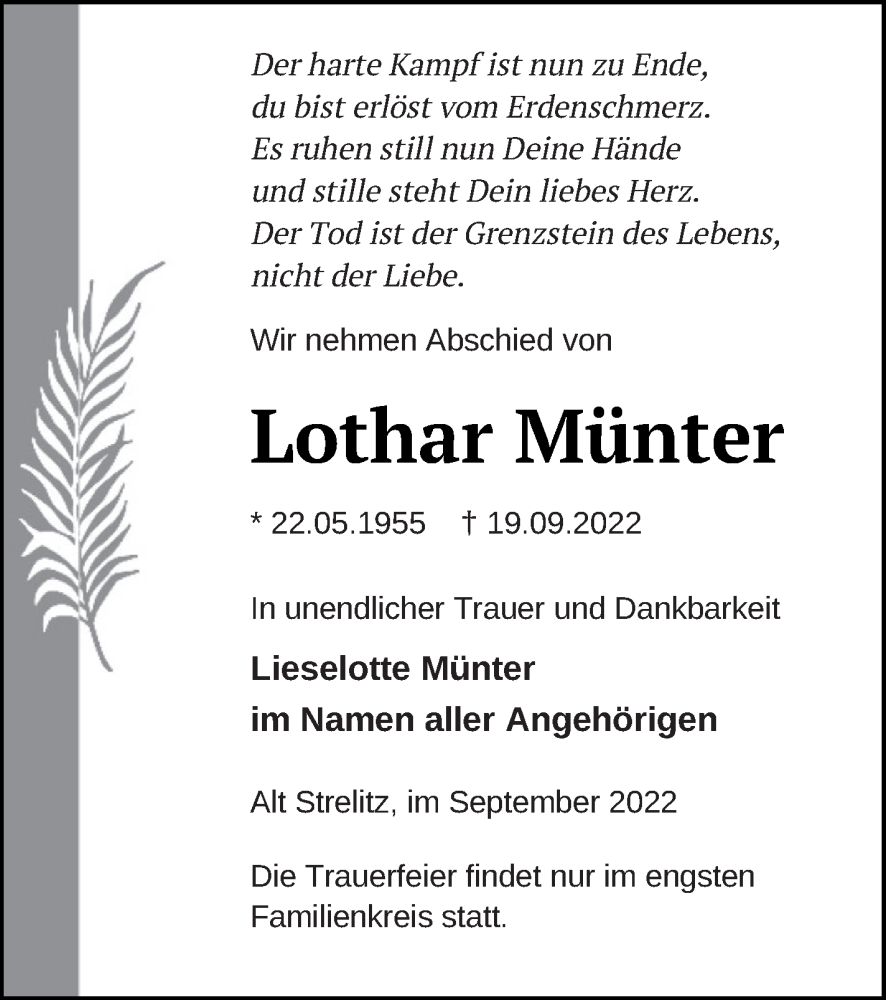  Traueranzeige für Lothar Münter vom 23.09.2022 aus Strelitzer Zeitung