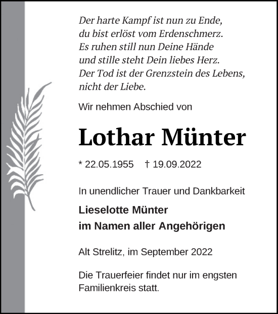 Traueranzeige von Lothar Münter von Strelitzer Zeitung